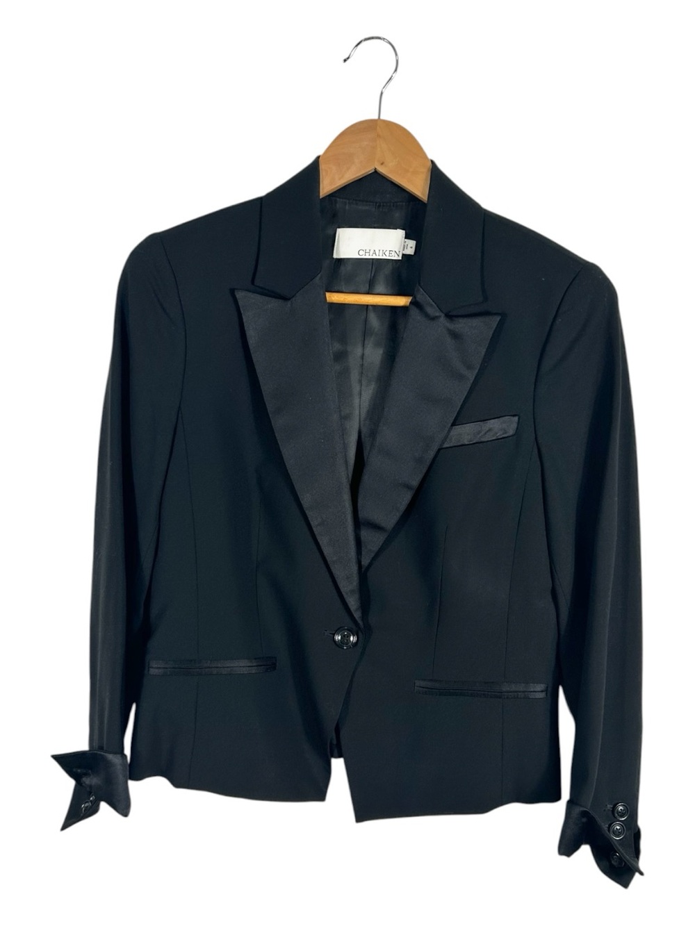 Chaiken‎ Black Satin Lapel Wool Tuxedo Blazer Jacket Size 6